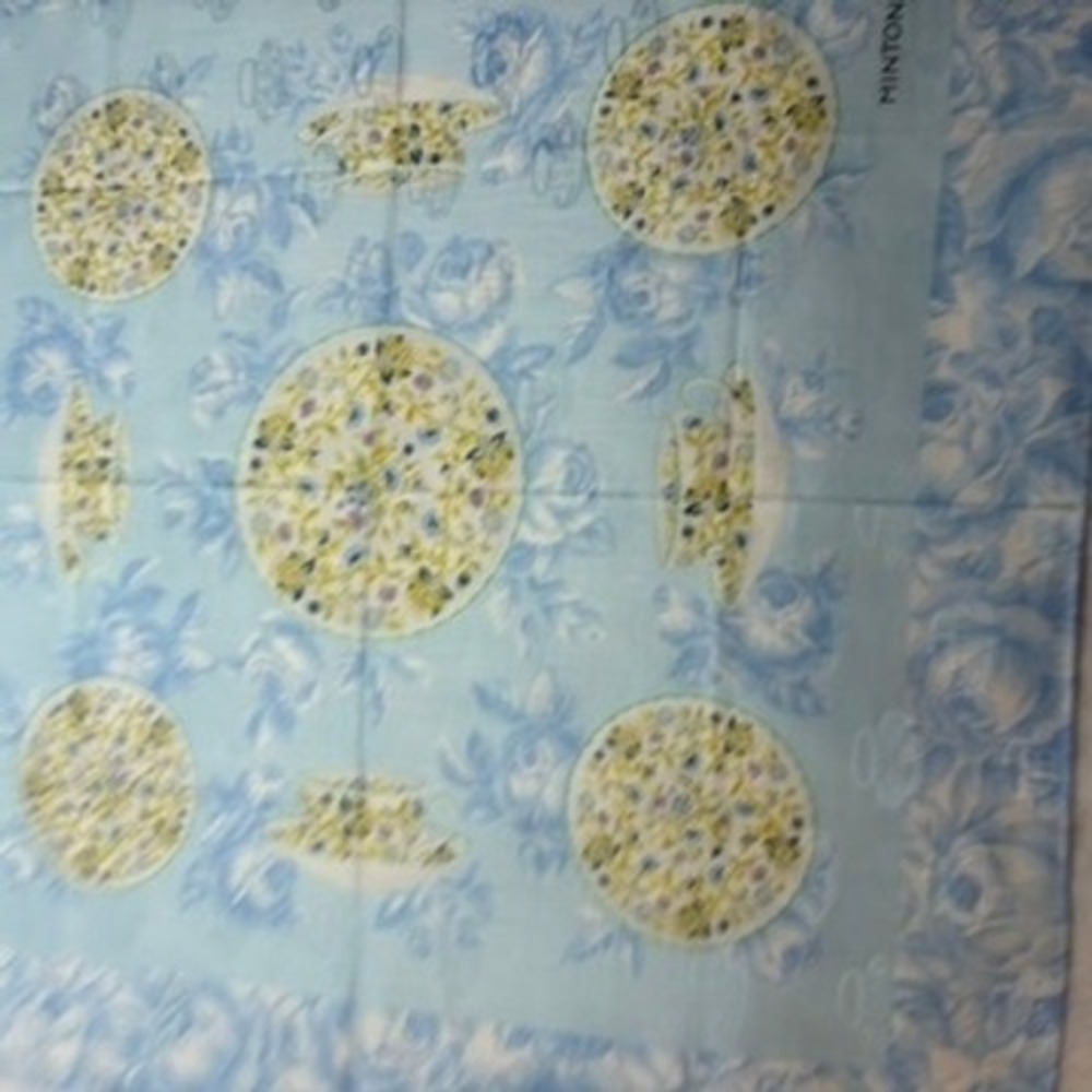 Vtg MINTON Scarf Handkerchief Floral Teacup Cotton Blue 19"
